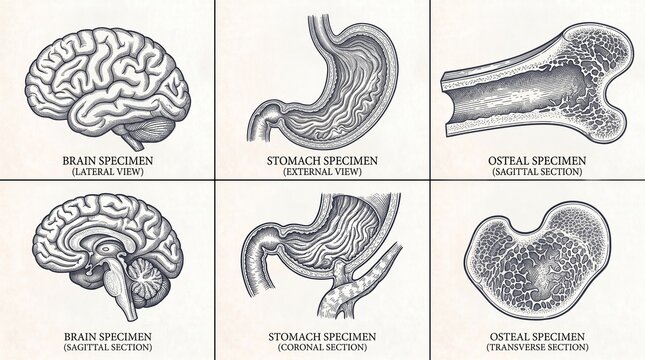 Engraved illustration showing brain, stomach, and osteal specimens with various views and sections