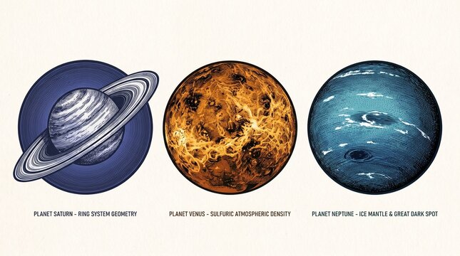 Premium engraved illustration of planets Saturn, Venus, and Neptune in a detailed art style