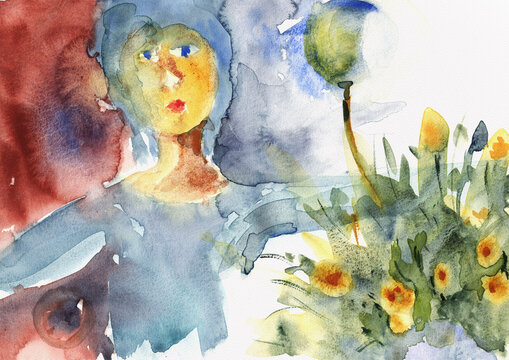 Poetic Woman Among Flowers in Expressive Contemporary Composition &ndash; Hand-Painted Watercolor
