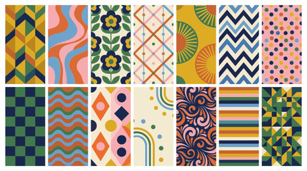 Obraz premium Retro seamless vector illustration set featuring colorful geometric patterns with flowers, waves, lines and dots