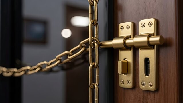 Wooden door secured with a gold-colored chain and bolt, interior blurred