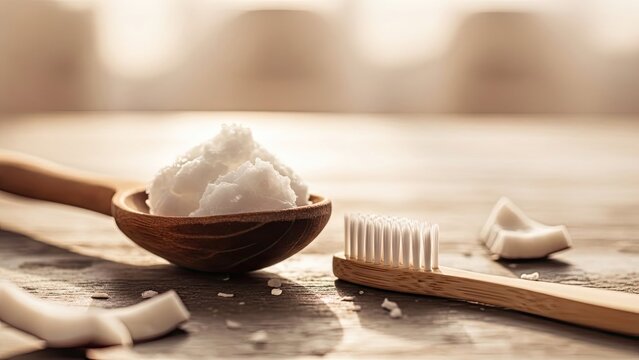 Wooden spoon with white substance, toothbrush, and coconut pieces on a wood surface