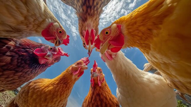 Funny chickens staring down at camera in wide angle shot, curious hens and rooster flock farm humor concept