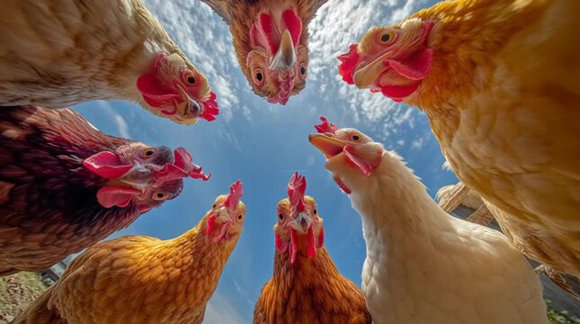 Funny chickens staring down at camera in wide angle shot, curious hens and rooster flock farm humor concept
