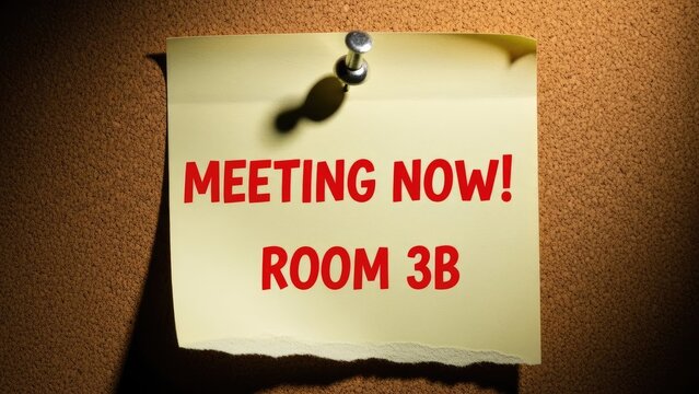 Yellow sticky note on a corkboard, reading "MEETING NOW! ROOM 3B", pinned in place