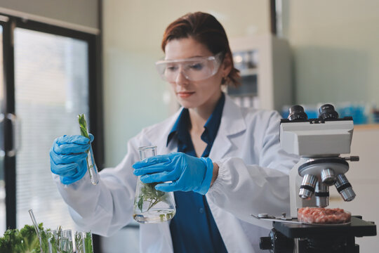 Scientists in lab coats work with plants in a modern lab, focusing on research and experimentation under bright, sterile conditions.