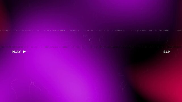 Retro VHS glitch background with purple and magenta lightleaks and analog noise transitions featuring play text overlay for vintage video effects