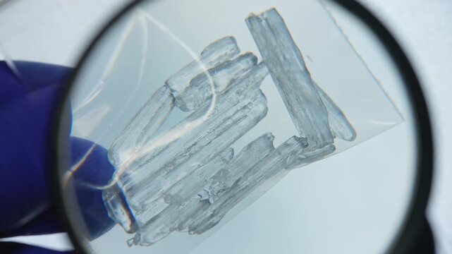Fentanyl or meth is widely used stimulant in current drug trend. Methamphetamine mixed with fentanyl harms have increased in recent years. Illicit substance in plastic vacuum bag for transportation.
