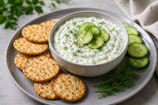 Creamy Cucumber Dill Yogurt Dip with Crackers Fresh Healthy Appetizer