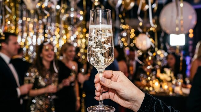 Close up of a hand holding a champagne glass for a toast at a party.