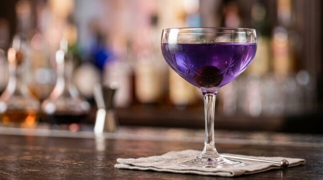 Purple cocktail sits in a tall stem glass on a bar counter.