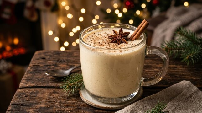 Creamy spiced holiday drink in a glass mug with cinnamon and star anise.