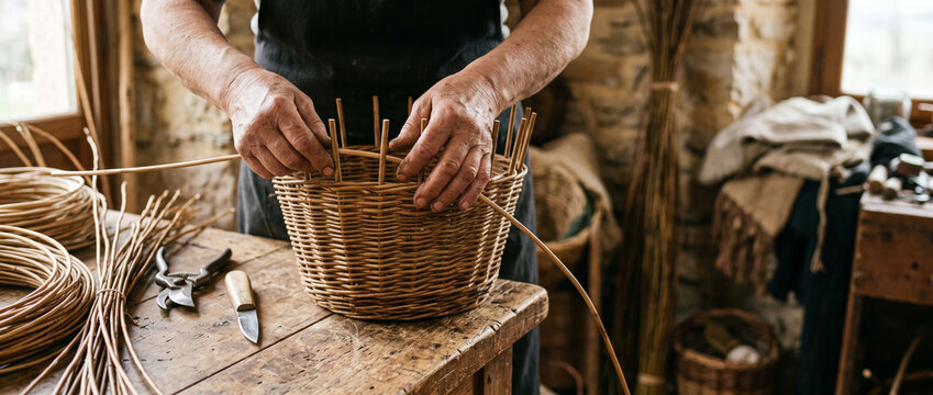 Artisan weaving a traditional willow basket at a workbench. Man practicing handmade basketry craft using natural rattan. Manual skill in rural workshop for professional basket making.