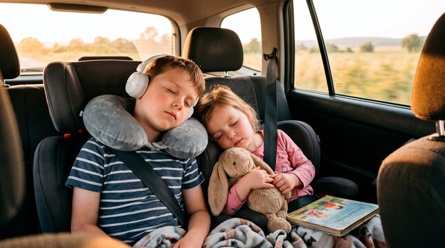 Two children sleeping peacefully in car seats during a long road trip adventure