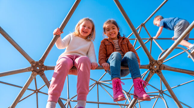 Two happy girls and a boy enjoying a geodesic dome climber on a sunny day