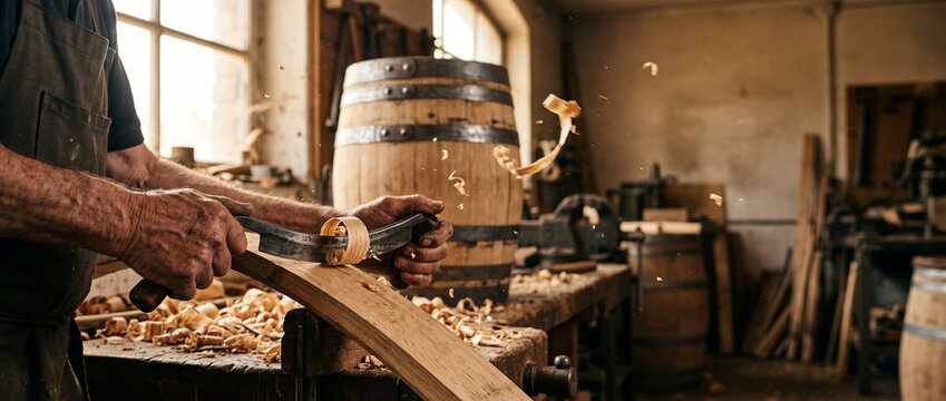 Cooper using drawknife to shape wooden stave for barrel in traditional workshop. Skilled artisan crafting timber vessel. Heritage woodworking, carpentry and manual craftsmanship concept.