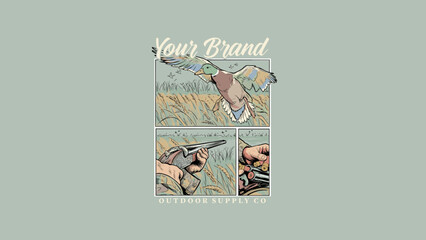 Fototapeta premium Vintage Style Duck Hunting Illustration Featuring a Mallard Flying Over a Marsh with Shotgun and Ammunition Detail Panels for Outdoor Apparel Graphic Design and Sporting Goods Concept