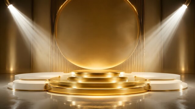 Grand golden luxury circular empty stage platform for high end product display.