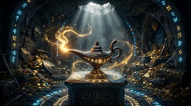 Golden magic lamp with glowing energy in a mystical treasure cave filled with gold coins