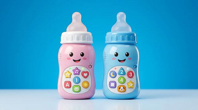Two colorful baby feeding bottles with educational toy buttons on a blue background.