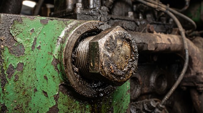 Close-up of a heavily corroded and dirty bolt on old green industrial machinery.