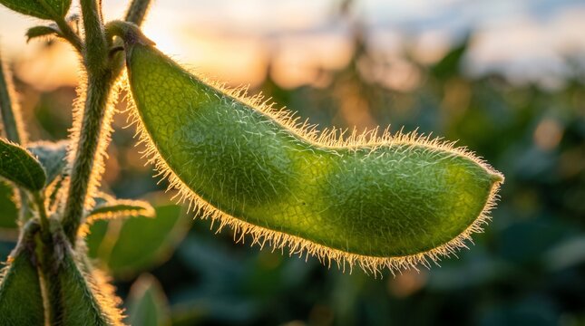 Close-up of a vibrant green soybean pod glowing in the warm light of a sunset.