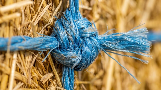 Close up of a blue plastic rope tied in a knot around a bale of hay, showcasing the texture and detail of the materials.