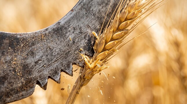 Close-up of a sickle harvesting golden wheat in a sunlit field.