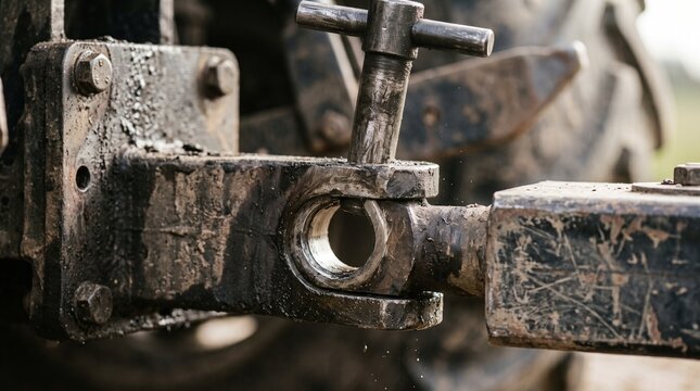Close-up of a dirty, rusty tractor hitch mechanism, ready for agricultural work.