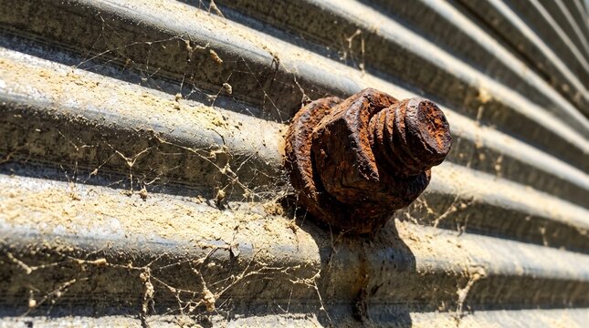 Close-up of a rusty bolt on a corrugated metal wall covered in spiderwebs.