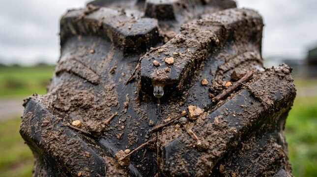Close-up of a muddy tractor tire with deep treads, showcasing dirt and debris from agricultural work.
