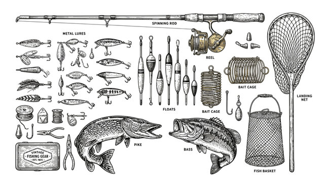 Detailed vintage fishing gear vector illustration featuring rods, reels, lures, hooks, nets, and game fish species