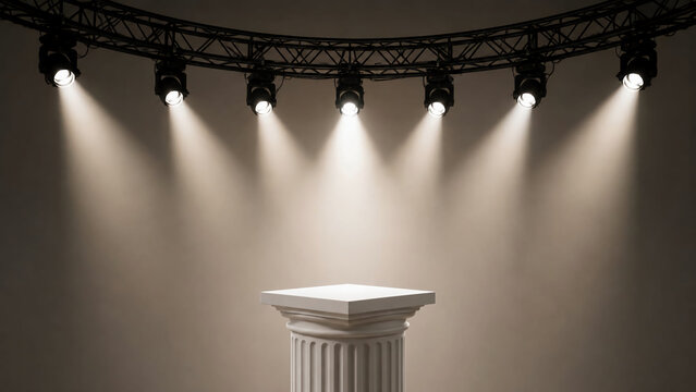 ​A classical white stone pillar pedestal stands centered below a curved metal truss system illuminated by multiple bright spotlights shining downward against a plain background.