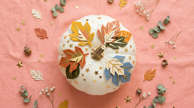 White pumpkin decorated with autumn leaves, pink background flat lay with copy space, Thanksgiving holiday decoration, seasonal autumn still life, fall folia on textile