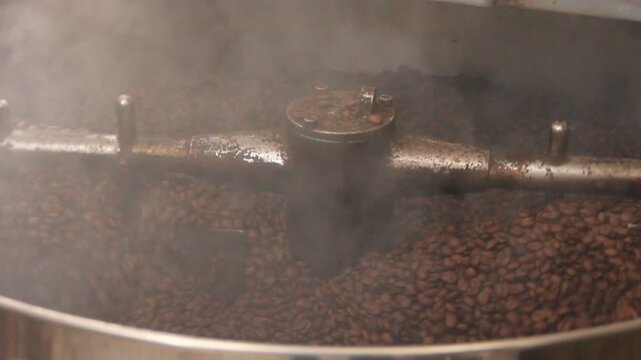 Macro shot of aromatic coffee beans during the roasting process.