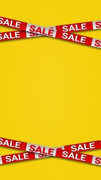 Red and White Sale Tape Strips Crossing on Yellow Background. Animated Promotional Banner for Shopping Discount and Retail Sale Campaign