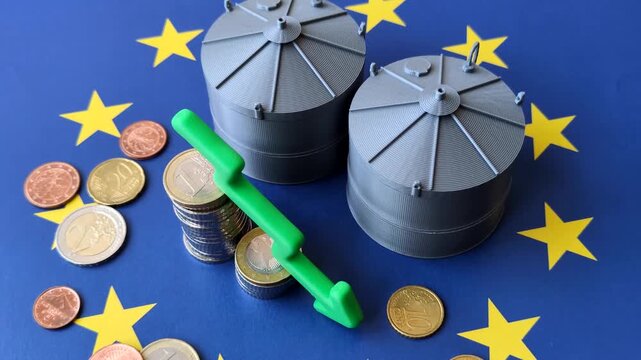 Liquefied gas storage tanks set against the EU flag as a background for your design