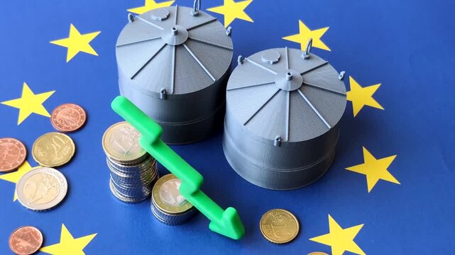 Liquefied gas storage tanks set against the EU flag as a background for your design