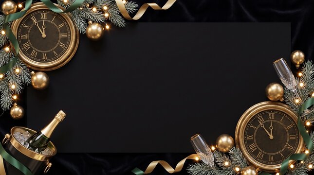 New Year's Eve Celebration Background with Champagne and Clocks