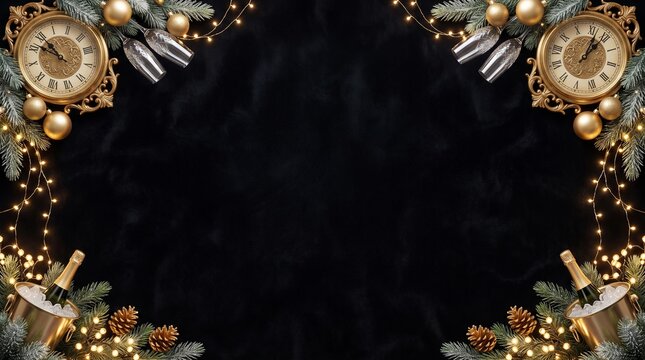 Elegant New Year's Eve Frame with Clocks and Champagne