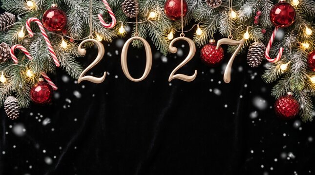 Happy New Year 2027 Background with Christmas Decorations and Snow