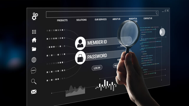 Close-up View of Hand Holding Magnifying Glass over Login Interface with Member ID and Password Input Fields on Modern Transparent Screen Haptic.