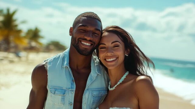 Sunlit beach with smiling couple embracing. Ocean waves roll gently behind them. Tropical palm trees sway softly in breeze. Sky shows bright blue with scattered clouds