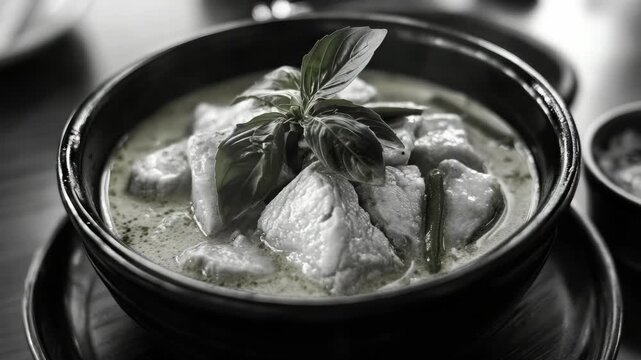 Creamy chicken curry soup topped with fresh herbs and spices in a black bowl on wooden table.