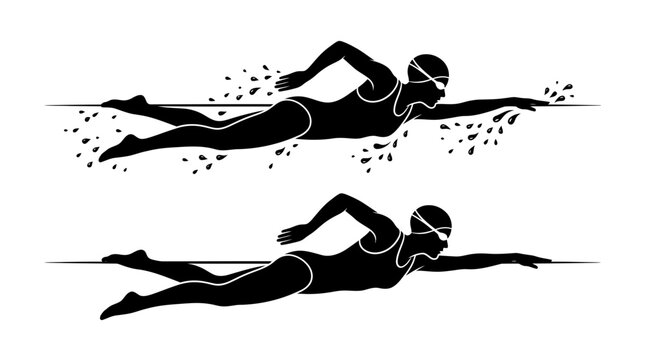 Professional female swimmer silhouette vector graphic demonstrating fast freestyle stroke technique in a clean artistic style