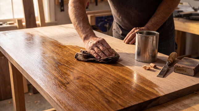 Craftsman's hands rubbing tung oil finish into one half of a walnut wood tabletop