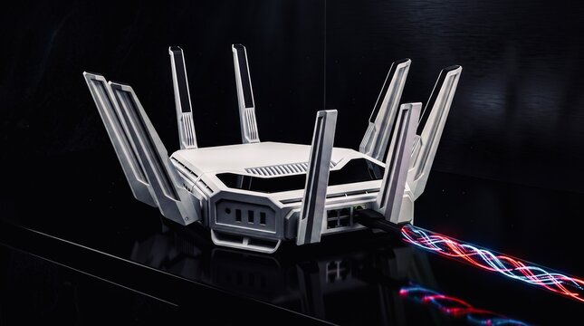 High speed wireless router connected to fiber optic data cable