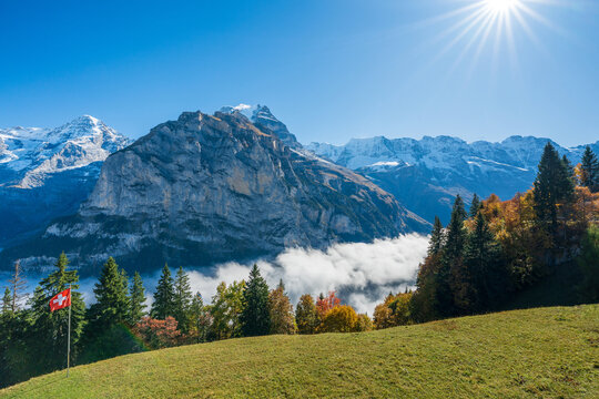 Murren autumn alpine landscape, Swiss flag, green meadow, sea of clouds and Jungfrau mountain peak. Murren, Canton of Bern, Switzerland.