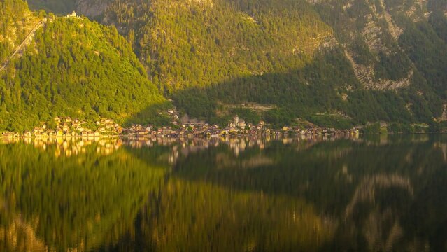 Morning Panoramic View of Hallstatt in Austria from the distance. 