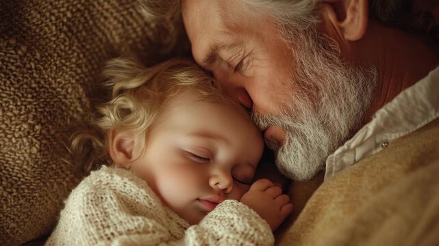 A father lovingly rests his face on his child's head, capturing a tender moment of connection.